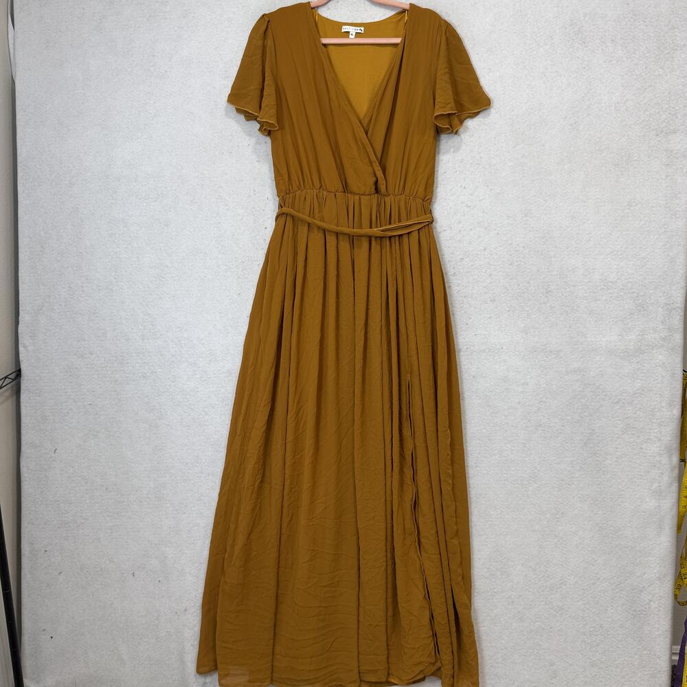Baltic Born Dress Womens XL Yellow Wrap Flutter Sleeve Maxi Chiffon Belted